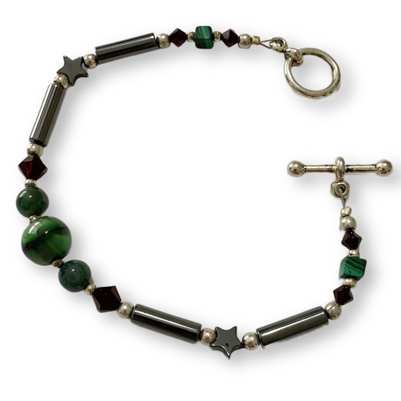 Artisan Green Cats Eyes Swarovski crystal Hematite Star Bracelet - Picture 3 of 3